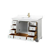 Wyndham WCS202048SWGWCUNSMXX Deborah 48 Inch Single Bathroom Vanity in White, White Cultured Marble Countertop, Undermount Square Sink, Brushed Gold Trim, No Mirror
