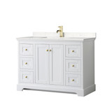 Wyndham WCV232348SWGC2UNSMXX Avery 48 Inch Single Bathroom Vanity in White, Light-Vein Carrara Cultured Marble Countertop, Undermount Square Sink, Brushed Gold Trim