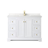 Wyndham WCV232348SWGC2UNSMXX Avery 48 Inch Single Bathroom Vanity in White, Light-Vein Carrara Cultured Marble Countertop, Undermount Square Sink, Brushed Gold Trim