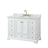 Wyndham WCS202048SWGCMUNOMXX Deborah 48 Inch Single Bathroom Vanity in White, White Carrara Marble Countertop, Undermount Oval Sink, Brushed Gold Trim, No Mirror