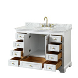 Wyndham WCS202048SWGCMUNOMXX Deborah 48 Inch Single Bathroom Vanity in White, White Carrara Marble Countertop, Undermount Oval Sink, Brushed Gold Trim, No Mirror