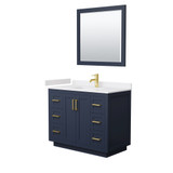 Wyndham WCF292942SBLWCUNSM34 Miranda 42 Inch Single Bathroom Vanity in Dark Blue, White Cultured Marble Countertop, Undermount Square Sink, Brushed Gold Trim, 34 Inch Mirror