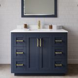 Wyndham WCF292942SBLWCUNSM34 Miranda 42 Inch Single Bathroom Vanity in Dark Blue, White Cultured Marble Countertop, Undermount Square Sink, Brushed Gold Trim, 34 Inch Mirror