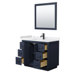 Wyndham  WCF292942SBBWCUNSM34 Miranda 42 Inch Single Bathroom Vanity in Dark Blue, White Cultured Marble Countertop, Undermount Square Sink, Matte Black Trim, 34 Inch Mirror