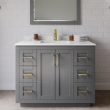 Wyndham WCF292942SGGC2UNSM34 Miranda 42 Inch Single Bathroom Vanity in Dark Gray, Light-Vein Carrara Cultured Marble Countertop, Undermount Square Sink, Brushed Gold Trim, 34 Inch Mirror