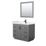Wyndham WCF292942SGBC2UNSM34 Miranda 42 Inch Single Bathroom Vanity in Dark Gray, Light-Vein Carrara Cultured Marble Countertop, Undermount Square Sink, Matte Black Trim, 34 Inch Mirror