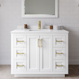 Wyndham WCF292942SWGWCUNSM34 Miranda 42 Inch Single Bathroom Vanity in White, White Cultured Marble Countertop, Undermount Square Sink, Brushed Gold Trim, 34 Inch Mirror