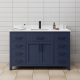 Wyndham WCG242454SBBCCUNSMXX Beckett 54 Inch Single Bathroom Vanity in Dark Blue, Carrara Cultured Marble Countertop, Undermount Square Sink, Matte Black Trim