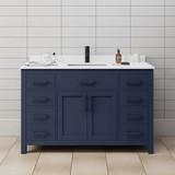 Wyndham WCG242454SBBWCUNSMXX Beckett 54 Inch Single Bathroom Vanity in Dark Blue, White Cultured Marble Countertop, Undermount Square Sink, Matte Black Trim