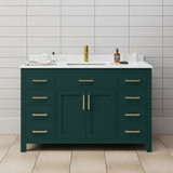 Wyndham WCG242454SGDCCUNSMXX Beckett 54 Inch Single Bathroom Vanity in Green, Carrara Cultured Marble Countertop, Undermount Square Sink, Brushed Gold Trim