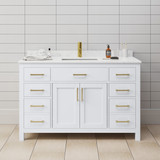 Wyndham WCG242454SWGCCUNSMXX Beckett 54 Inch Single Bathroom Vanity in White, Carrara Cultured Marble Countertop, Undermount Square Sink, Brushed Gold Trim