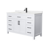 Wyndham WCG242454SWBCCUNSMXX Beckett 54 Inch Single Bathroom Vanity in White, Carrara Cultured Marble Countertop, Undermount Square Sink, Matte Black Trim