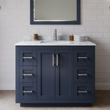 Wyndham WCF292942SBNCMUNSM34 Miranda 42 Inch Single Bathroom Vanity in Dark Blue, White Carrara Marble Countertop, Undermount Square Sink, Brushed Nickel Trim, 34 Inch Mirror