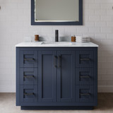 Wyndham WCF292942SBBCMUNSM34 Miranda 42 Inch Single Bathroom Vanity in Dark Blue, White Carrara Marble Countertop, Undermount Square Sink, Matte Black Trim, 34 Inch Mirror