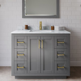 Wyndham WCF292942SGGCMUNSM34 Miranda 42 Inch Single Bathroom Vanity in Dark Gray, White Carrara Marble Countertop, Undermount Square Sink, Brushed Gold Trim, 34 Inch Mirror