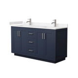 Wyndham WCF292960DBNC2UNSMXX Miranda 60 Inch Double Bathroom Vanity in Dark Blue, Light-Vein Carrara Cultured Marble Countertop, Undermount Square Sinks, Brushed Nickel Trim