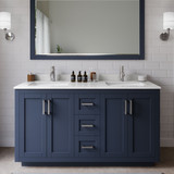 Wyndham WCF292960DBNC2UNSMXX Miranda 60 Inch Double Bathroom Vanity in Dark Blue, Light-Vein Carrara Cultured Marble Countertop, Undermount Square Sinks, Brushed Nickel Trim