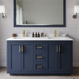 Wyndham WCF292960DBLWCUNSMXX Miranda 60 Inch Double Bathroom Vanity in Dark Blue, White Cultured Marble Countertop, Undermount Square Sinks, Brushed Gold Trim