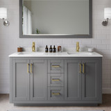 Wyndham WCF292960DGGC2UNSMXX Miranda 60 Inch Double Bathroom Vanity in Dark Gray, Light-Vein Carrara Cultured Marble Countertop, Undermount Square Sinks, Brushed Gold Trim