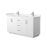 Wyndham WCF292960DWHC2UNSMXX Miranda 60 Inch Double Bathroom Vanity in White, Light-Vein Carrara Cultured Marble Countertop, Undermount Square Sinks, Brushed Nickel Trim