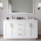 Wyndham WCF292960DWHC2UNSMXX Miranda 60 Inch Double Bathroom Vanity in White, Light-Vein Carrara Cultured Marble Countertop, Undermount Square Sinks, Brushed Nickel Trim