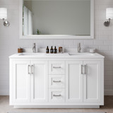 Wyndham WCF292960DWHWCUNSMXX Miranda 60 Inch Double Bathroom Vanity in White, White Cultured Marble Countertop, Undermount Square Sinks, Brushed Nickel Trim