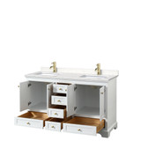 Wyndham WCS202060DWGC2UNSMXX Deborah 60 Inch Double Bathroom Vanity in White, Carrara Cultured Marble Countertop, Undermount Square Sinks, Brushed Gold Trim, No Mirrors