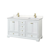 Wyndham WCS202060DWGC2UNSMXX Deborah 60 Inch Double Bathroom Vanity in White, Carrara Cultured Marble Countertop, Undermount Square Sinks, Brushed Gold Trim, No Mirrors