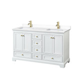 Wyndham WCS202060DWGWCUNSMXX Deborah 60 Inch Double Bathroom Vanity in White, White Cultured Marble Countertop, Undermount Square Sinks, Brushed Gold Trim, No Mirrors