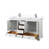Wyndham WCS202060DWHWCUNSMXX Deborah 60 Inch Double Bathroom Vanity in White, White Cultured Marble Countertop, Undermount Square Sinks, No Mirrors
