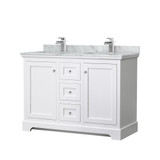 Wyndham WCV232348DWHCMUNSMXX Avery 48 Inch Double Bathroom Vanity in White, White Carrara Marble Countertop, Undermount Square Sinks, No Mirror