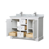 Wyndham WCV232348DWHCMUNSMXX Avery 48 Inch Double Bathroom Vanity in White, White Carrara Marble Countertop, Undermount Square Sinks, No Mirror