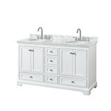 Wyndham WCS202060DWHCMUNOMXX Deborah 60 Inch Double Bathroom Vanity in White, White Carrara Marble Countertop, Undermount Oval Sinks, and No Mirrors