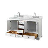 Wyndham WCS202060DWHCMUNOMXX Deborah 60 Inch Double Bathroom Vanity in White, White Carrara Marble Countertop, Undermount Oval Sinks, and No Mirrors