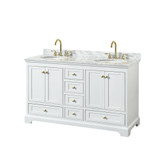 Wyndham WCS202060DWGCMUNOMXX Deborah 60 Inch Double Bathroom Vanity in White, White Carrara Marble Countertop, Undermount Oval Sinks, Brushed Gold Trim, No Mirrors