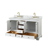 Wyndham WCS202060DWGCMUNOMXX Deborah 60 Inch Double Bathroom Vanity in White, White Carrara Marble Countertop, Undermount Oval Sinks, Brushed Gold Trim, No Mirrors
