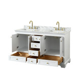 Wyndham WCS202060DWGCMUNSMXX Deborah 60 Inch Double Bathroom Vanity in White, White Carrara Marble Countertop, Undermount Square Sinks, Brushed Gold Trim, No Mirror