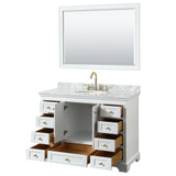 Wyndham WCS202048SWGCMUNOM46 Deborah 48 Inch Single Bathroom Vanity in White, White Carrara Marble Countertop, Undermount Oval Sink, Brushed Gold Trim, 46 Inch Mirror