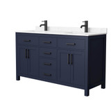 Wyndham WCG242460DBBCCUNSMXX Beckett 60 Inch Double Bathroom Vanity in Dark Blue, Carrara Cultured Marble Countertop, Undermount Square Sinks, Matte Black Trim