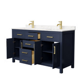 Wyndham WCG242460DBLCCUNSMXX Beckett 60 Inch Double Bathroom Vanity in Dark Blue, Carrara Cultured Marble Countertop, Undermount Square Sinks, No Mirror