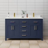 Wyndham WCG242460DBLCCUNSMXX Beckett 60 Inch Double Bathroom Vanity in Dark Blue, Carrara Cultured Marble Countertop, Undermount Square Sinks, No Mirror