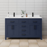 Wyndham WCG242460DBBWCUNSMXX Beckett 60 Inch Double Bathroom Vanity in Dark Blue, White Cultured Marble Countertop, Undermount Square Sinks, Matte Black Trim