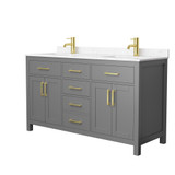 Wyndham WCG242460DGGCCUNSMXX Beckett 60 Inch Double Bathroom Vanity in Dark Gray, Carrara Cultured Marble Countertop, Undermount Square Sinks, Brushed Gold Trim