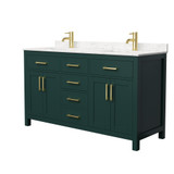Wyndham WCG242460DGDCCUNSMXX Beckett 60 Inch Double Bathroom Vanity in Green, Carrara Cultured Marble Countertop, Undermount Square Sinks, Brushed Gold Trim