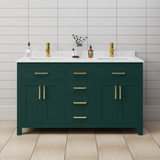 Wyndham WCG242460DGDCCUNSMXX Beckett 60 Inch Double Bathroom Vanity in Green, Carrara Cultured Marble Countertop, Undermount Square Sinks, Brushed Gold Trim