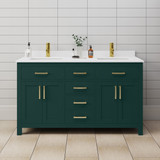 Wyndham WCG242460DGDWCUNSMXX Beckett 60 Inch Double Bathroom Vanity in Green, White Cultured Marble Countertop, Undermount Square Sinks, Brushed Gold Trim
