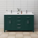 Wyndham WCG242460DGEWCUNSMXX Beckett 60 Inch Double Bathroom Vanity in Green, White Cultured Marble Countertop, Undermount Square Sinks, Brushed Nickel Trim