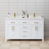Wyndham WCG242460DWGCCUNSMXX Beckett 60 Inch Double Bathroom Vanity in White, Carrara Cultured Marble Countertop, Undermount Square Sinks, Brushed Gold Trim