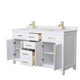 Wyndham WCG242460DWGWCUNSMXX Beckett 60 Inch Double Bathroom Vanity in White, White Cultured Marble Countertop, Undermount Square Sinks, Brushed Gold Trim