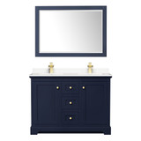 Wyndham WCV232348DBLC2UNSM46 Avery 48 Inch Double Bathroom Vanity in Dark Blue, Light-Vein Carrara Cultured Marble Countertop, Undermount Square Sinks, 46 Inch Mirror